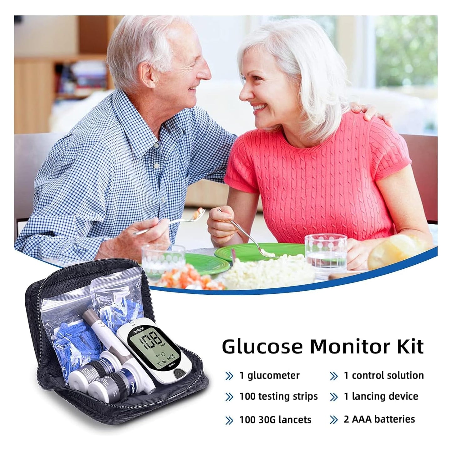 Metene TD-4116 Blood Glucose Monitor Kit, 100 Glucometer Strips, 100 Lancets, 1 Blood Sugar Monitor, 1 Lancing Device, Blood Sugar Test Kit, No Coding