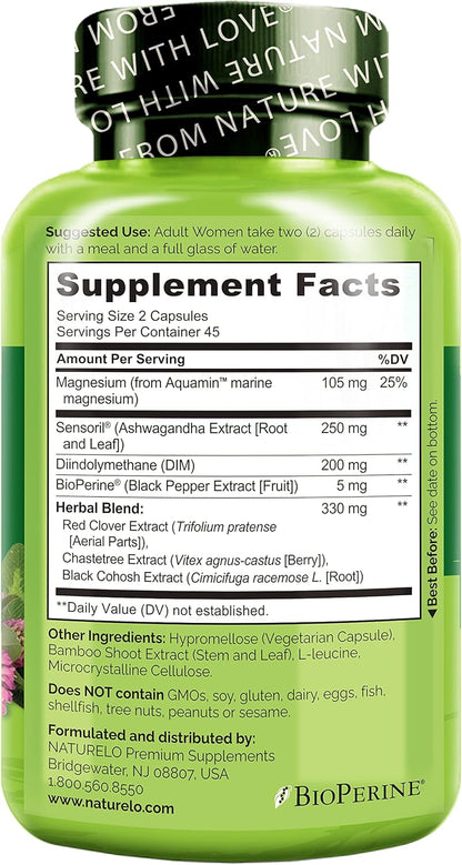 NATURELO Menopause Support, Advanced Multi-Symptom Formula w/Soothing Herbal Blend - 90 Vegetarian Capsules