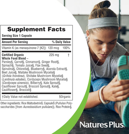 Source of Life Garden Certified Organic Vitamin K2-120 mcg, 60 Vegan Capsules - Bone Health Supplement - with Natural Whole Food Enzymes - Vegetarian, Gluten-Free - 60 Servings
