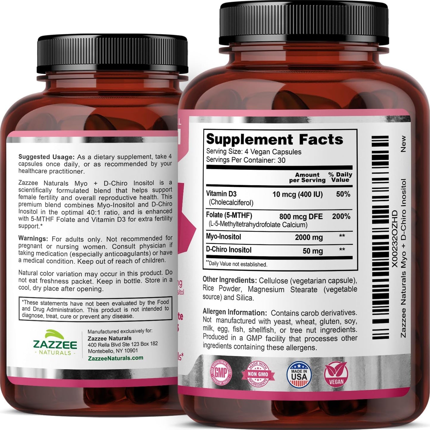 Zazzee Naturals Myo-Inositol + D-Chiro, with Folate (5-MTHF) + D3, 120 Vegan Capsules