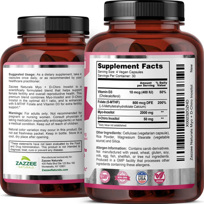 Zazzee Naturals Myo-Inositol + D-Chiro, with Folate (5-MTHF) + D3, 120 Vegan Capsules
