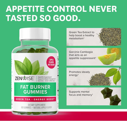 Zenwise Fat Burner Gummies - Appetite Suppressant for Weight Loss with Green Tea Extract and Garcinia Cambogia for Metabolism Plus Green Coffee Bean and Raspberry Ketone - 60 Count Apple Gummies