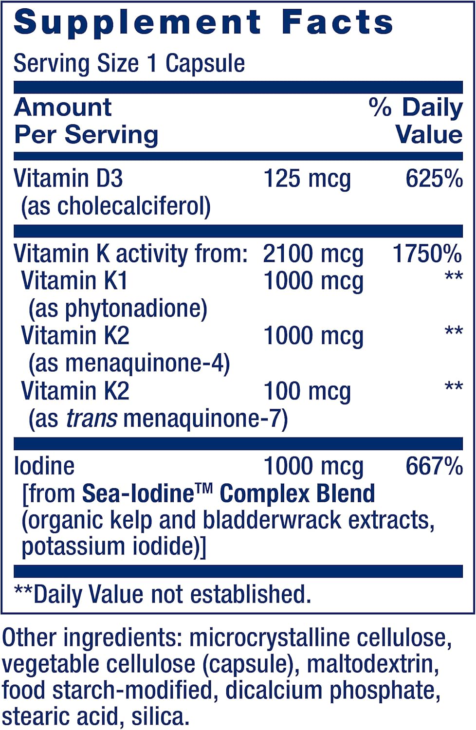 Life Extension Vitamins D and K with Sea-Iodine, vitamin D3, vitamin K1 and K2, iodine, supports immune, bone, arterial and thyroid health, non-GMO, gluten-free, 60 capsules