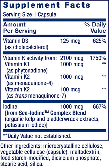 Life Extension Vitamins D and K with Sea-Iodine, vitamin D3, vitamin K1 and K2, iodine, supports immune, bone, arterial and thyroid health, non-GMO, gluten-free, 60 capsules