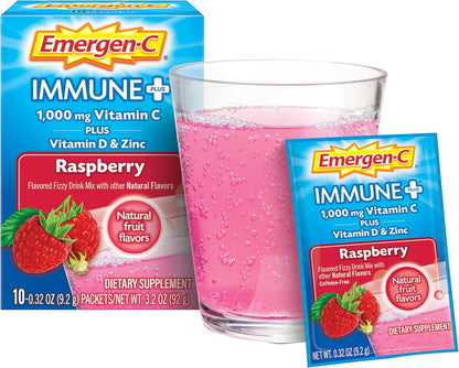 Emergen-C Immune+ Vitamin C 1000mg Powder, Plus Vitamin D And Zinc (Raspberry Flavor), Immune Support Dietary Supplement - 0.32 Ounce