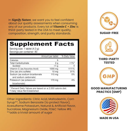 Signify Nature Vitamin C 1000mg Immunity Booster Vitamin C with Zinc, Sugar Free Effervescent Tablets, Antioxidant, Immune Support - 80 Day Supply