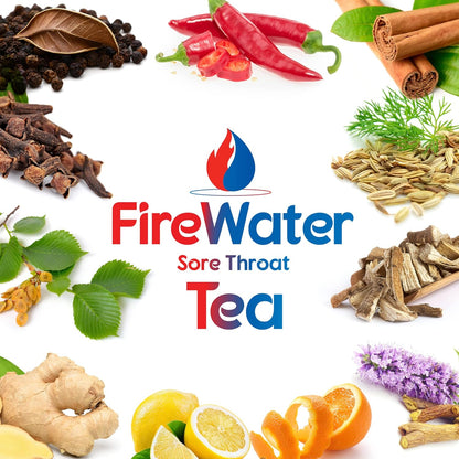 FireWater Sore Throat Tea - Organic Caffeine Free Herbal Tea, Relieves Sore Throats, Chronic Cough, Mucus, Sinus Congestion, Spicy Citrus and Cinnamon. - 20 Sachets