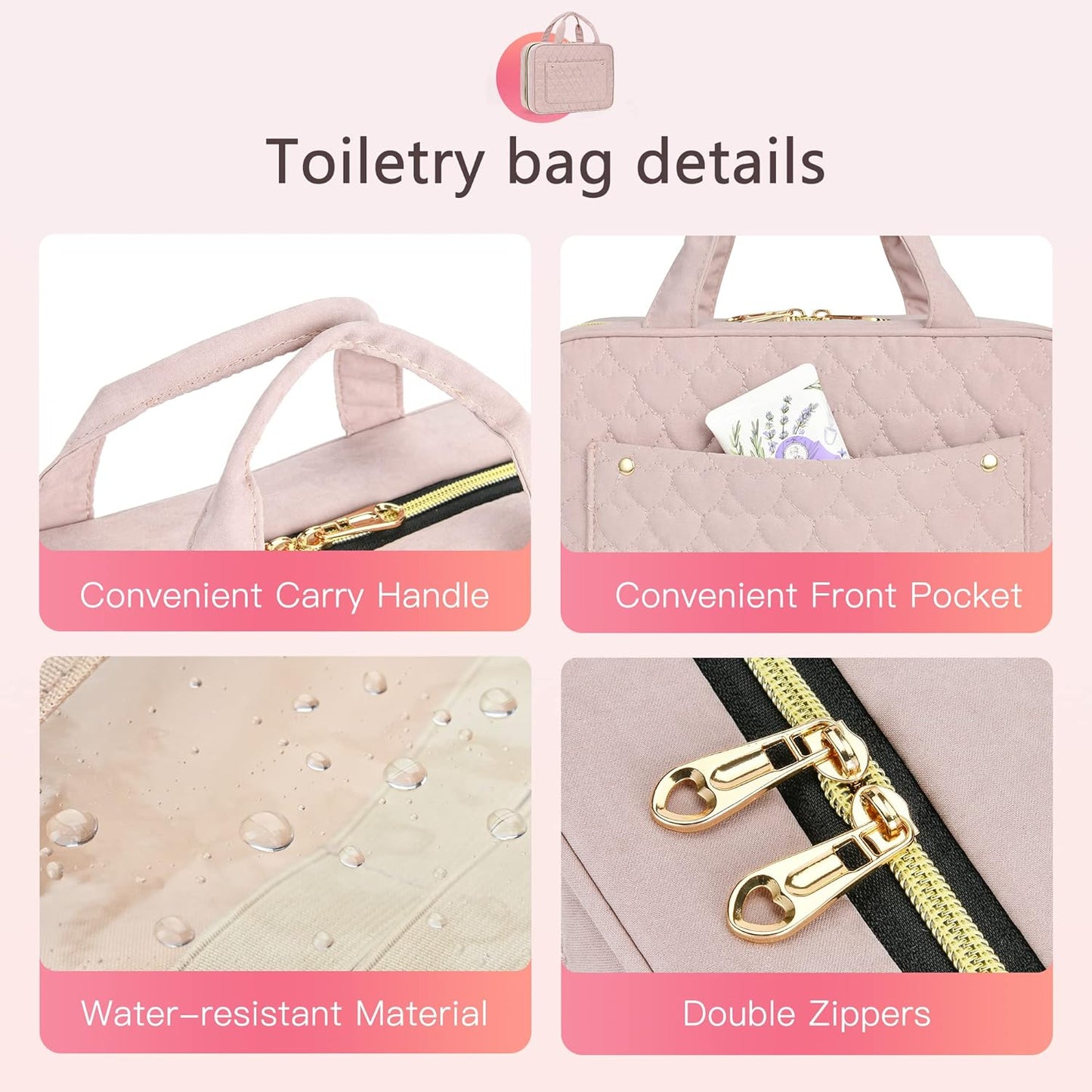 Travel Toiletry Bag, Large Travel Makeup Bag For Women, Water-Resistant Hanging Cosmetic Bags With Elastic Band Holders, Suitable For Travel Size Toiletries-Pink