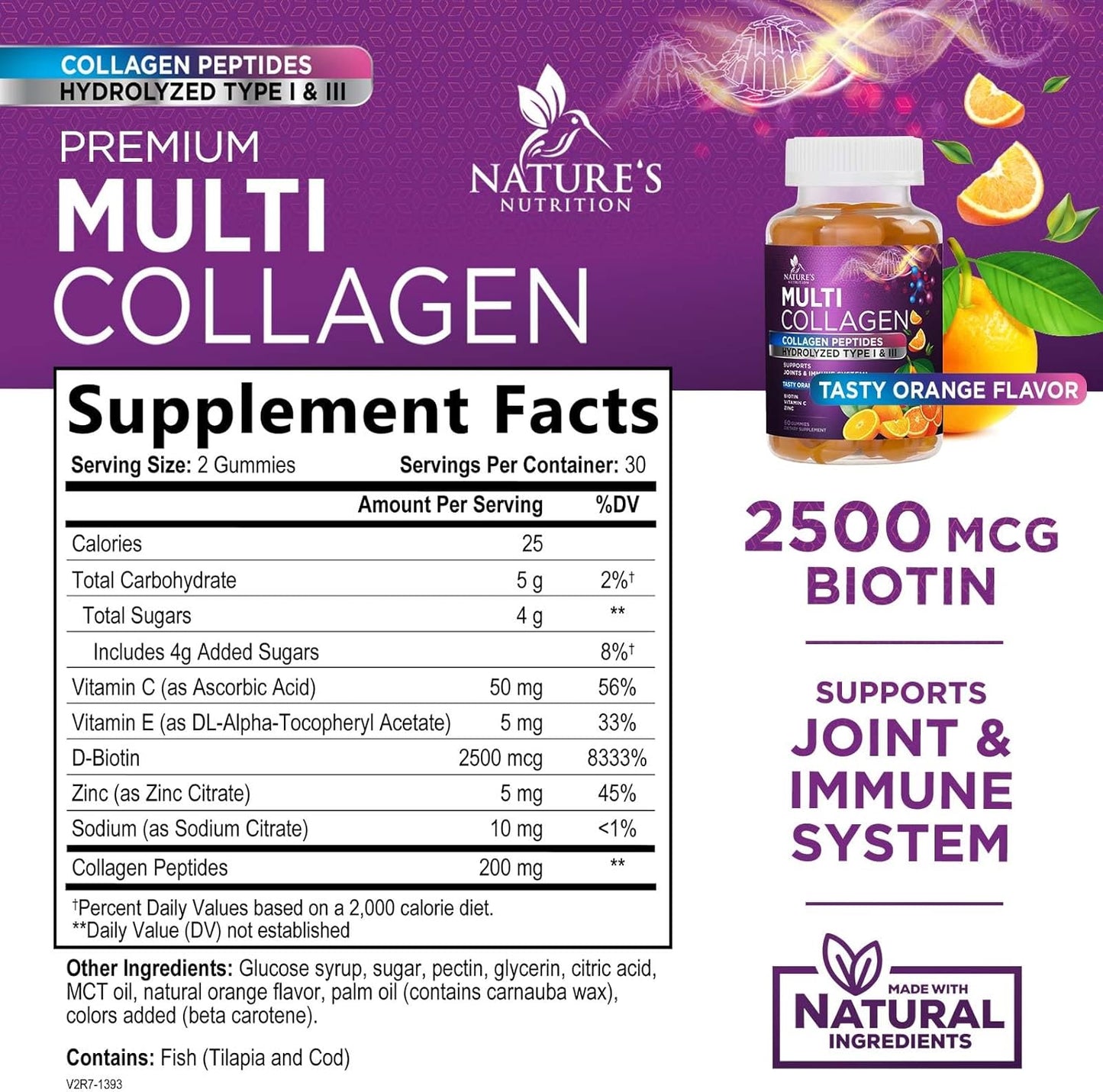 Nature's Nutrition Collagen Type 1 and 3 - Support for Hair, Skin, & Nails - 60 Gummies