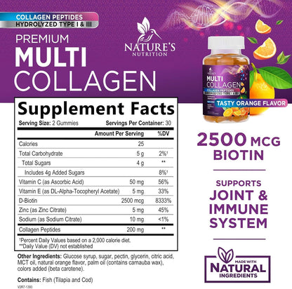 Nature's Nutrition Collagen Type 1 and 3 - Support for Hair, Skin, & Nails - 60 Gummies