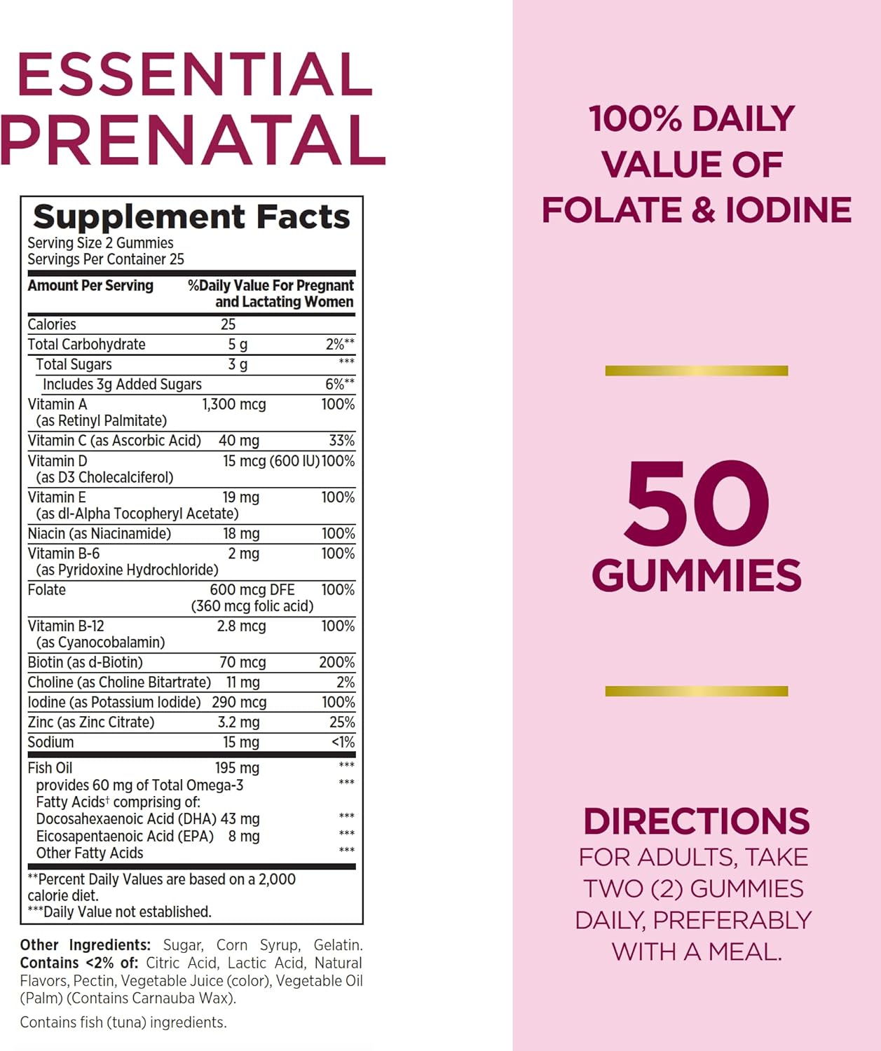 Nature's Bounty Essential Prenatal Gummies, Folic Acid and Iodine, Omega 3 and DHA, 50 Count