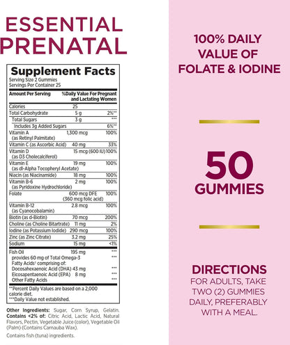 Nature's Bounty Essential Prenatal Gummies, Folic Acid and Iodine, Omega 3 and DHA, 50 Count