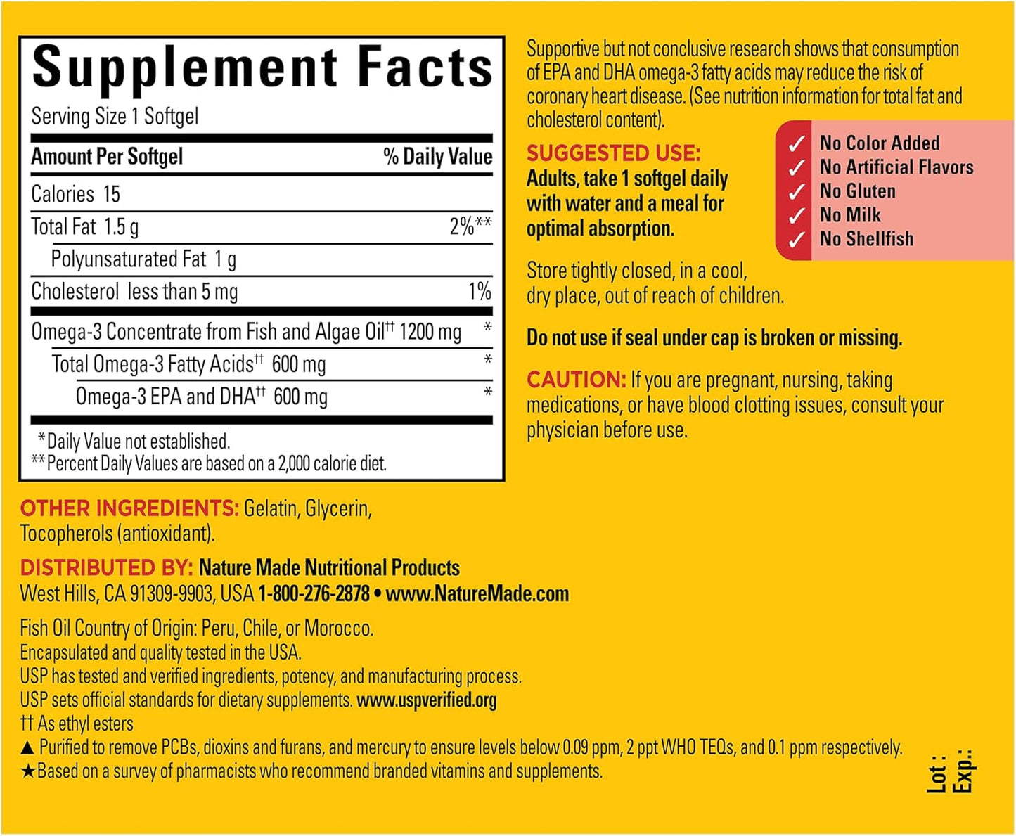 Nature Made Omega 3 Fish Oil and Algae Oil Supplements, 1200mg, 60 Softgels