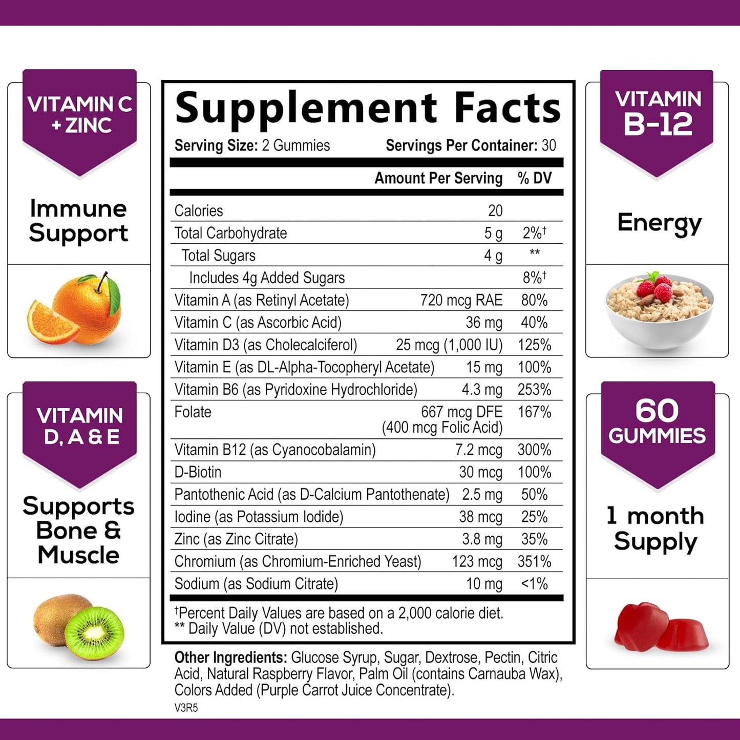 Nature's Nutrition Multivitamin Gummies with Vitamin C, D3 and Zinc for Immune Health Support