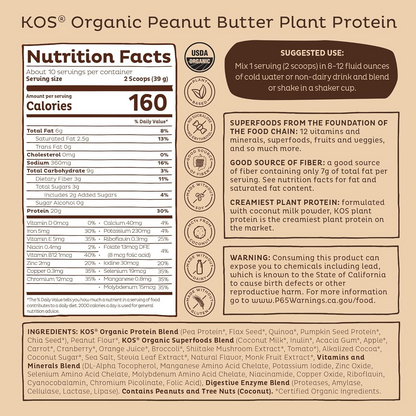 KOS Vegan Protein Powder, Chocolate USDA Organic - Low Carb Pea Protein Blend, Plant Based Superfood with Vitamins & Minerals - Keto, Soy, Gluten Free - Meal Replacement for Women & Men - 10 Servings