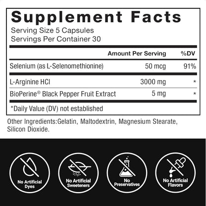 FORCE FACTOR L-Arginine Nitric Oxide Supplement with BioPerine to Help Build Muscle and Support Stronger Blood Flow, Circulation, Nutrient Delivery, and Pumps, L-Arginine 3000mg, 3g, 150 Capsules