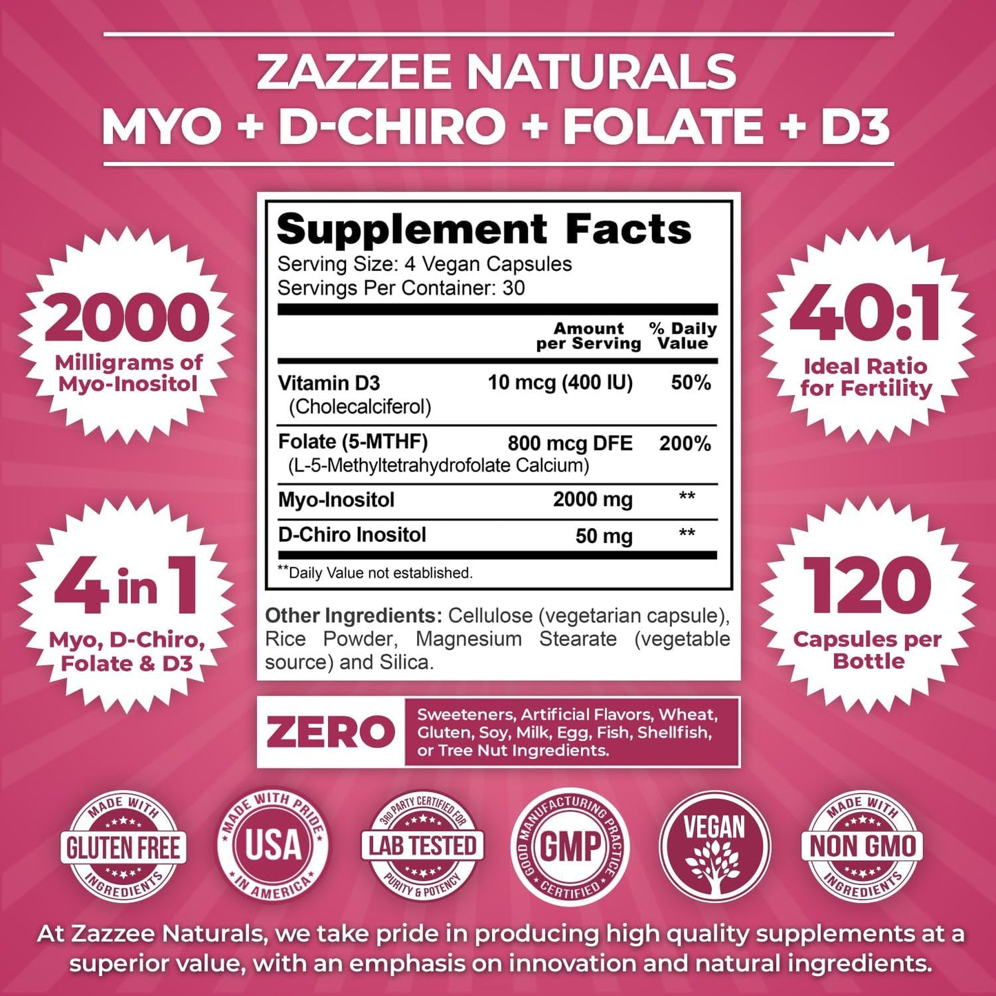 Zazzee Naturals Myo-Inositol + D-Chiro, with Folate (5-MTHF) + D3, 120 Vegan Capsules