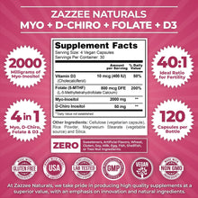 Zazzee Naturals Myo-Inositol + D-Chiro, with Folate (5-MTHF) + D3, 120 Vegan Capsules Zazzee