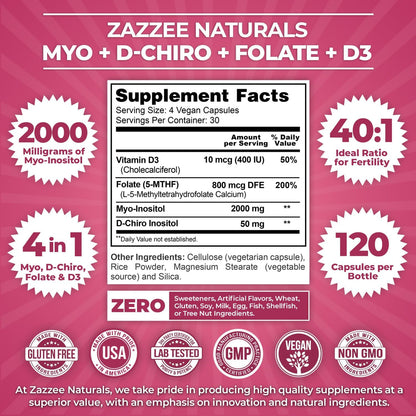 Zazzee Naturals Myo-Inositol + D-Chiro, with Folate (5-MTHF) + D3, 120 Vegan Capsules