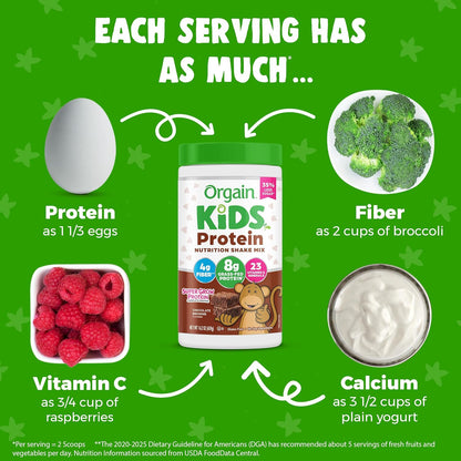 Orgain Kids Protein Powder Shake Mix, Chocolate Brownie - 8g Dairy Protein, 23 Vitamins & Minerals, Fruit & Vegetable Blend, Gluten Free, No Soy Ingredients, Add Nutrients to Kids Snacks - 1lb