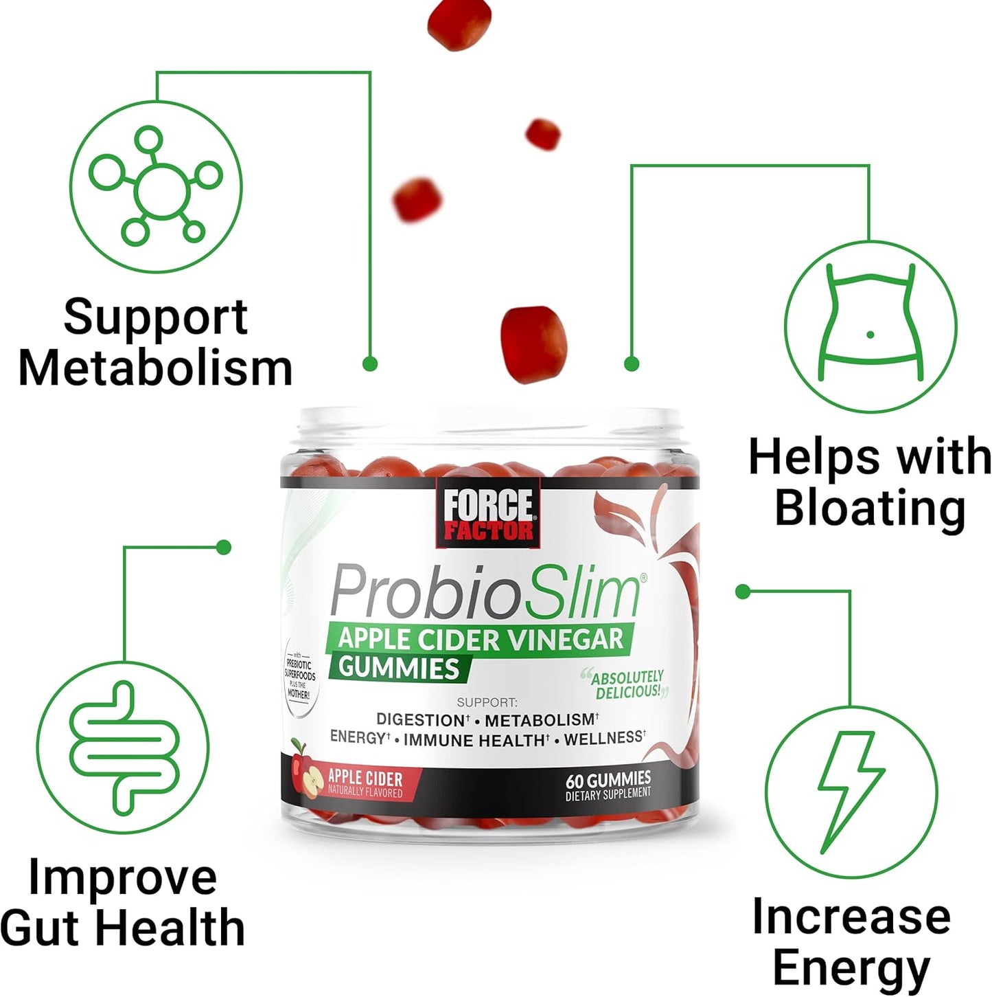 Force Factor ProbioSlim Apple Cider Vinegar Gummies with Organic LactoSpore Probiotics and Prebiotics, 60 Gummies
