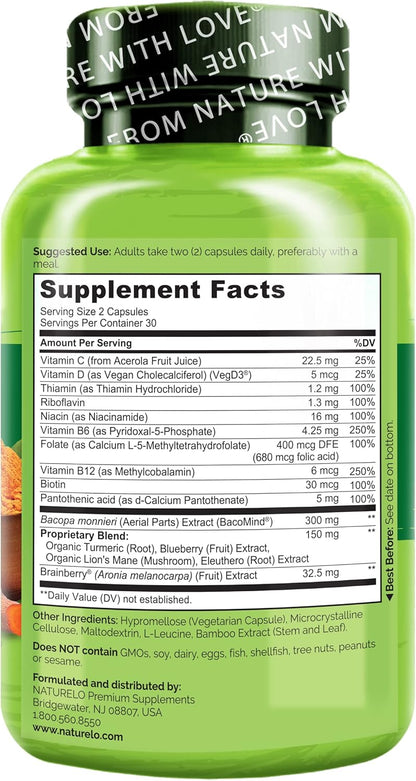 NATURELO Whole Food Brain Blend Supplement, Helps Support Memory, Focus and Mood - 60 Vegetarian Capsules