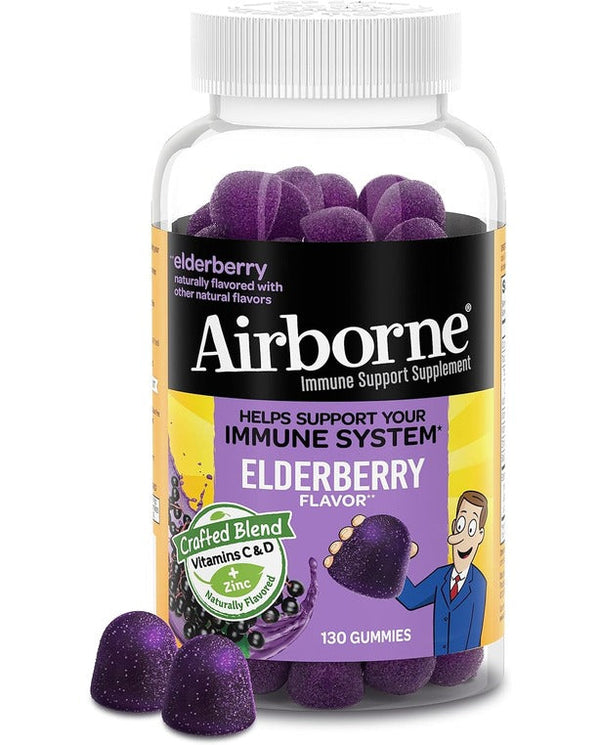 Airborne Elderberry + Zinc & Vitamin C Gummies For Adults, Immune Support Vitamin D & Zinc Gummies with Powerful Antioxidant Vitamins C D & E - 130 Gummies, Elderberry Flavor Airborne