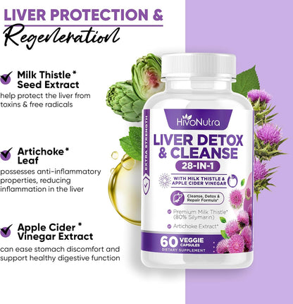 HivoNutra 28-in-1 Liver Cleanse Detox & Repair Fatty Liver Formula - Milk Thistle Silymarin, Artichoke Extract, Dandelion & Apple Cider Vinegar - Liver Health Supplement Support Pills - Vegan Capsules