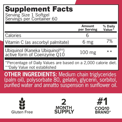 Qunol Ubiquinol CoQ10 100mg Softgels, Qunol Mega Ubiquinol 100mg - Superior Absorption - Active form of Coenzyme Q10 for Heart Health - 2 Month Supply - 60 Count