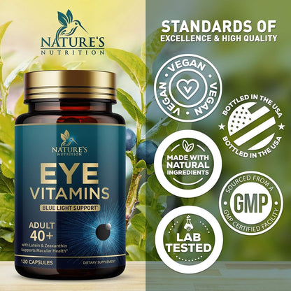 Nature's Nutrition Eye Vitamins with Lutein, Zeaxanthin, Bilberry & Zinc, Supports Eye Strain, Vision Health & Dryness for Adults with Vitamins C & E - Non-GMO, Vegan Eye Supplement - 120 Capsules