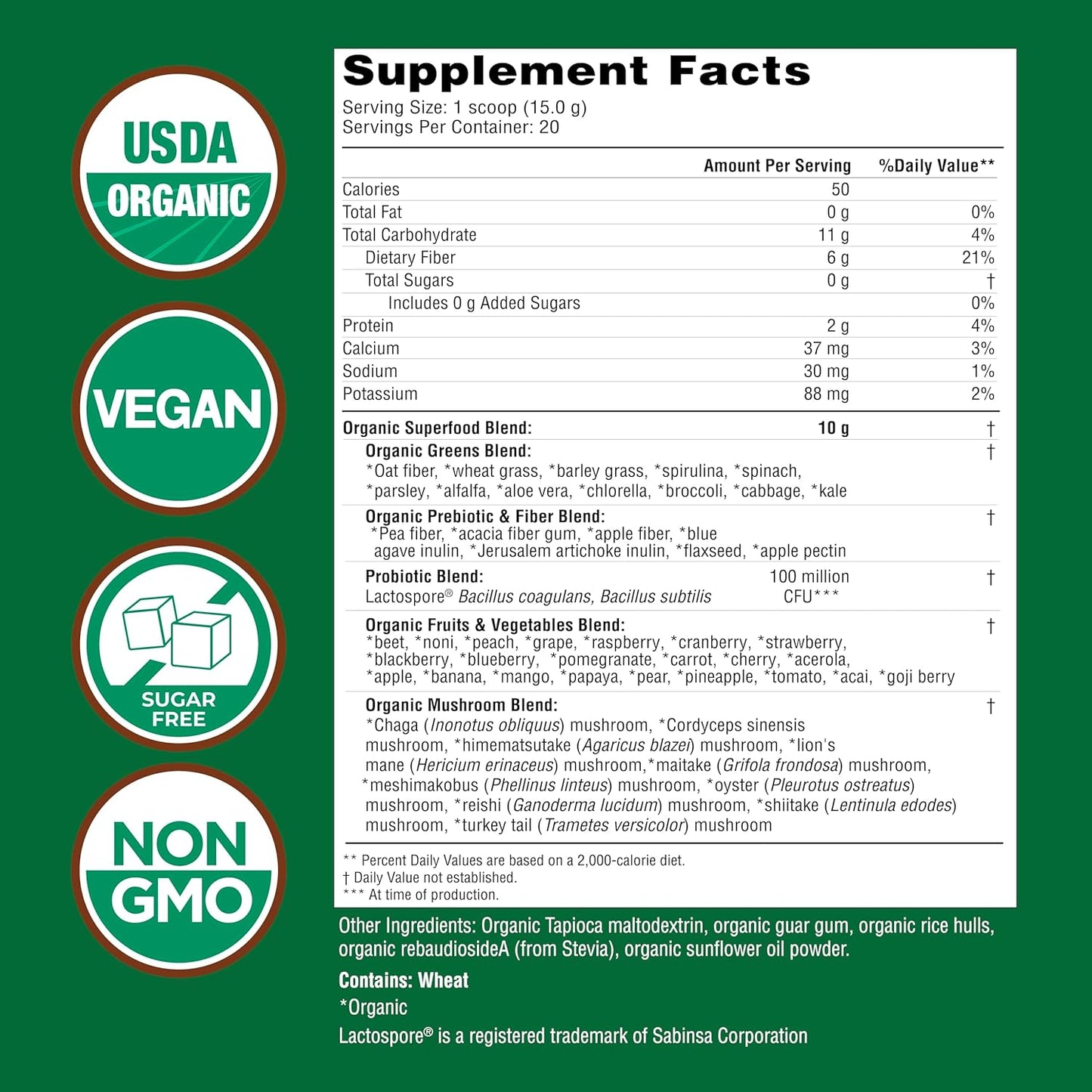 COUNTRY FARMS Super Greens Natural Flavor, 50 Organic Super Foods, 20 Servings, 10.6 Oz