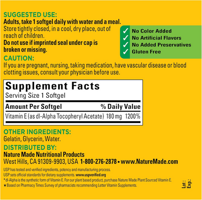 Nature Made Vitamin E 180 mg (400 IU) dl-Alpha, Dietary Supplement for Antioxidant Support, 100 Softgels, 100 Day Supply