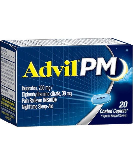 Advil PM (20 Count) Pain Reliever/Nighttime Sleep Aid Coated Caplet, 200mg Ibuprofen, 38mg Diphenhydramine