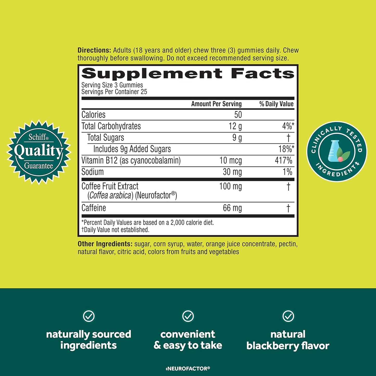 NEURIVA Brain + Energy Gummies, Nootropic Brain Supplements for Focus and Concentration with Neurofactor, Vitamin B12 & Caffeine for an Energy Boost*, 75ct Natural BlackBerry