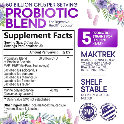 Nature's Nutrition Women's Probiotics 50 Billion CFU Guaranteed, Vegan Strains, Supports Women's Digestive, Immune, Vaginal, & Urinary Health, Delayed Release  - 60 Capsules