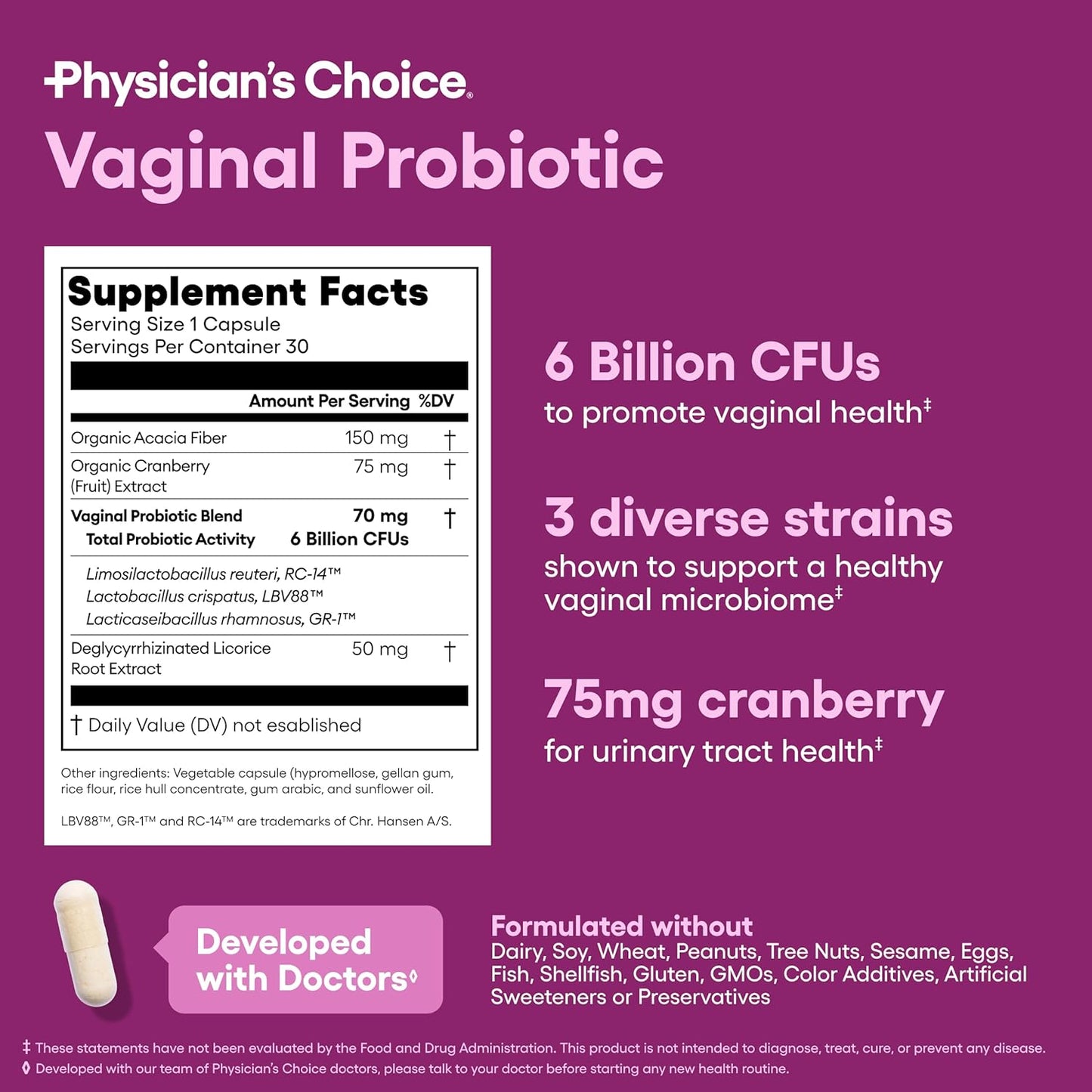 Physician's CHOICE Vaginal Probiotics (6 billion CFU) for Women - 30 capsules