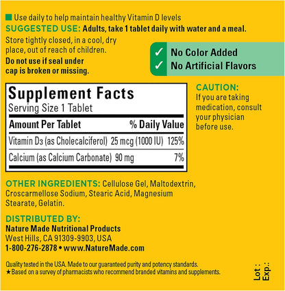 Nature Made Vitamin D3 1000 IU (25 mcg) Tablets, Dietary Supplement for Bone and Immune Health Support, 350 Count