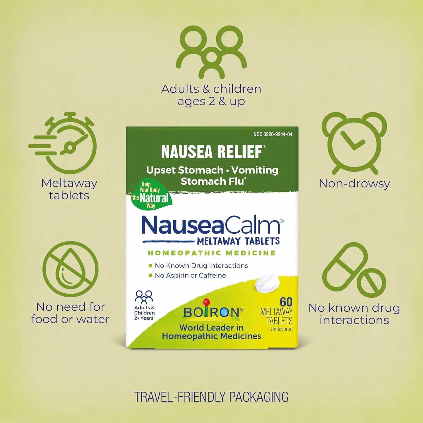 NauseaCalm Relief for Upset Stomach, Nausea, and Vomiting Due to Stomach Flu, Overindulgence, or Motion Sickness - Non-Drowsy - 60 Count