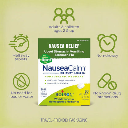 NauseaCalm Relief for Upset Stomach, Nausea, and Vomiting Due to Stomach Flu, Overindulgence, or Motion Sickness - Non-Drowsy - 60 Count