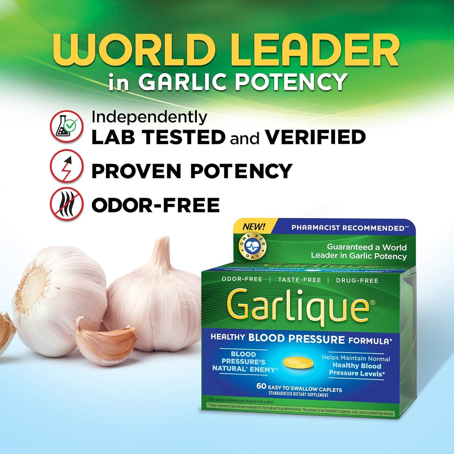 Garlique Healthy Blood Pressure Support Supplement, Odor Free Garlic, 1800 mcg Allicin, 60 Ct