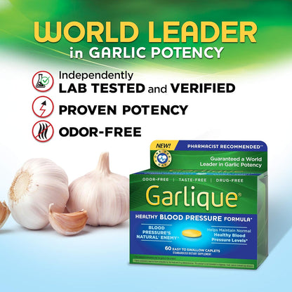 Garlique Healthy Blood Pressure Support Supplement, Odor Free Garlic, 1800 mcg Allicin, 60 Ct
