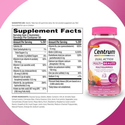 Centrum Multi+ Beauty Dual Action Multivitamin, Designed with Biotin for Healthy Hair, Skin and Nails 100 ct