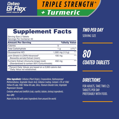 Osteo Bi-Flex Triple Strength Glucosamine with Turmeric, Joint Health Supplement, Coated Tablets, Original Version, 80 Count