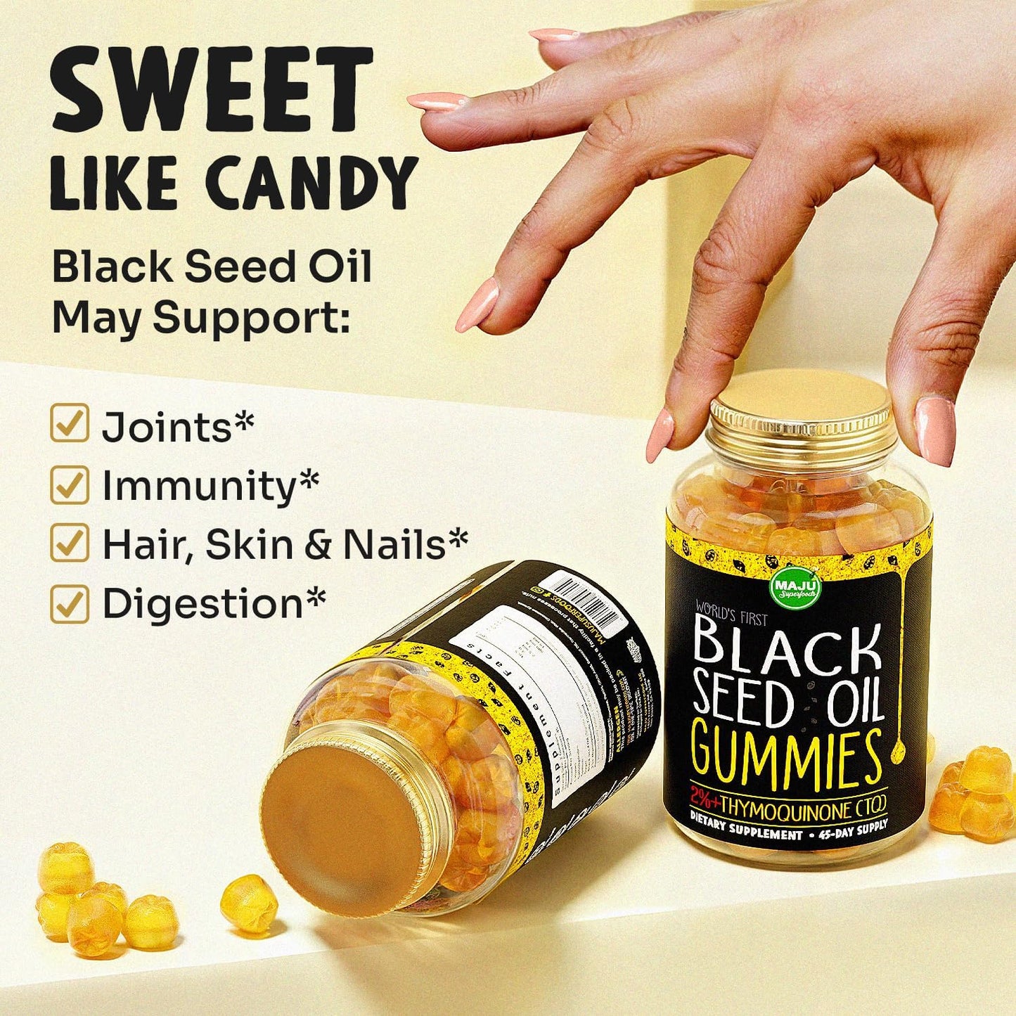 MAJU's Black Seed Oil Gummies, World's 1st, 2.5X Per BSO Gummy, Cumin Nigella Sativa Oil, Cold-Pressed, Potent Formula with Cinnamon Extract, Tasty, 500mg 90 ct