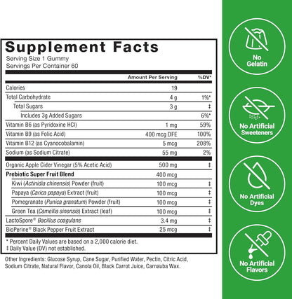 Force Factor ProbioSlim Apple Cider Vinegar Gummies with Organic LactoSpore Probiotics and Prebiotics, 60 Gummies