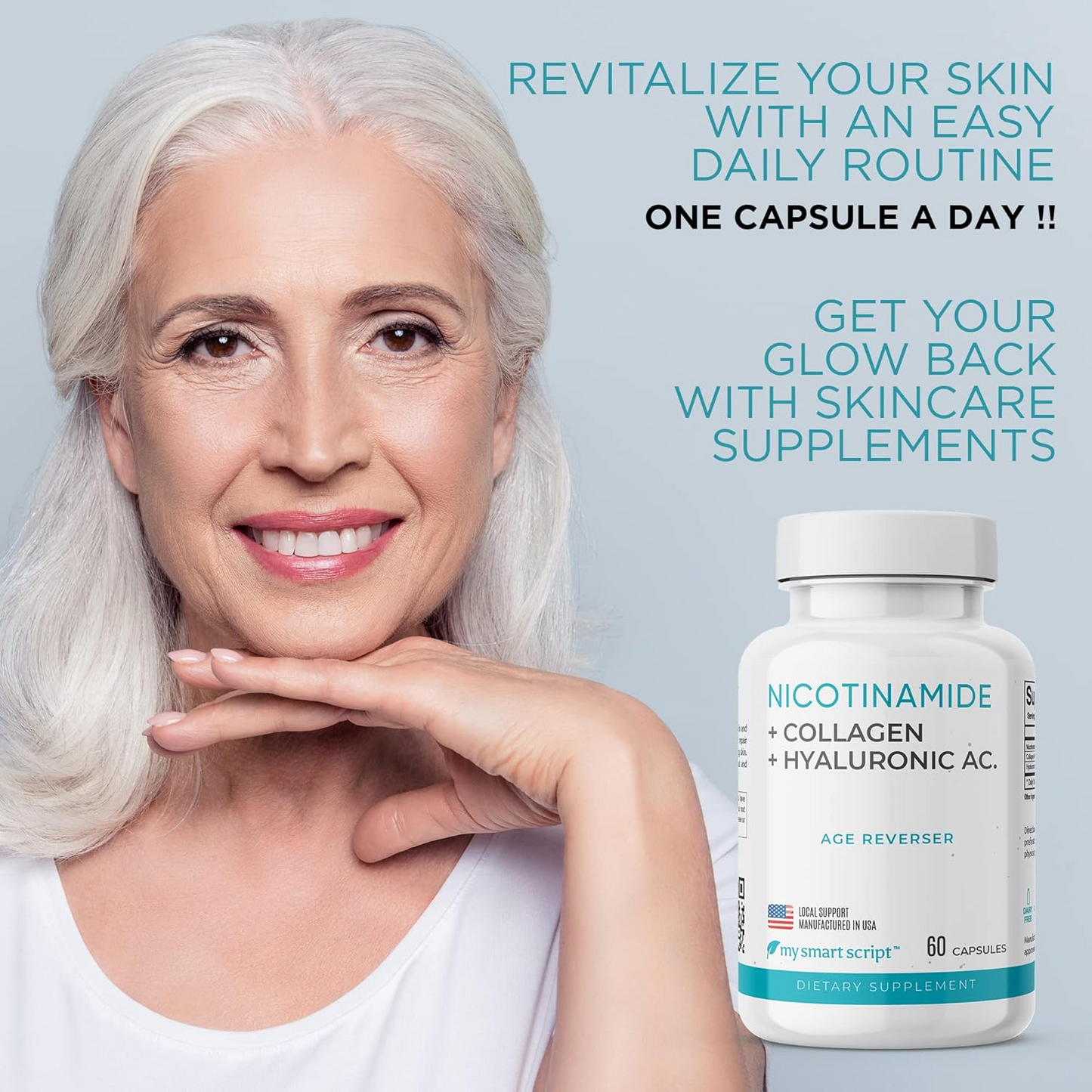 Anti Aging Supplement | Nicotinamide B3, Collagen Peptides & Hyaluronic Acid | Helps Skin Nourishment, Elasticity and Hydration | Flush Free and Cell Repair | One capsule a day - 60 Capsules.