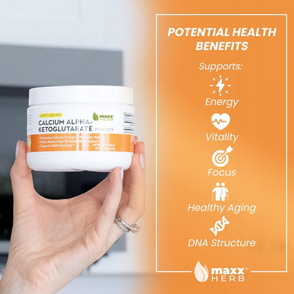 Maxx Herb Calcium AKG, Pure Calcium Alpha - Ketoglutarate Powder (Ca-AKG), for Energy, Vitality, Mental Focus, Clarity & DNA Structure, Non-GMO & Gluten Free - 100 Gram Jar (67 Servings)