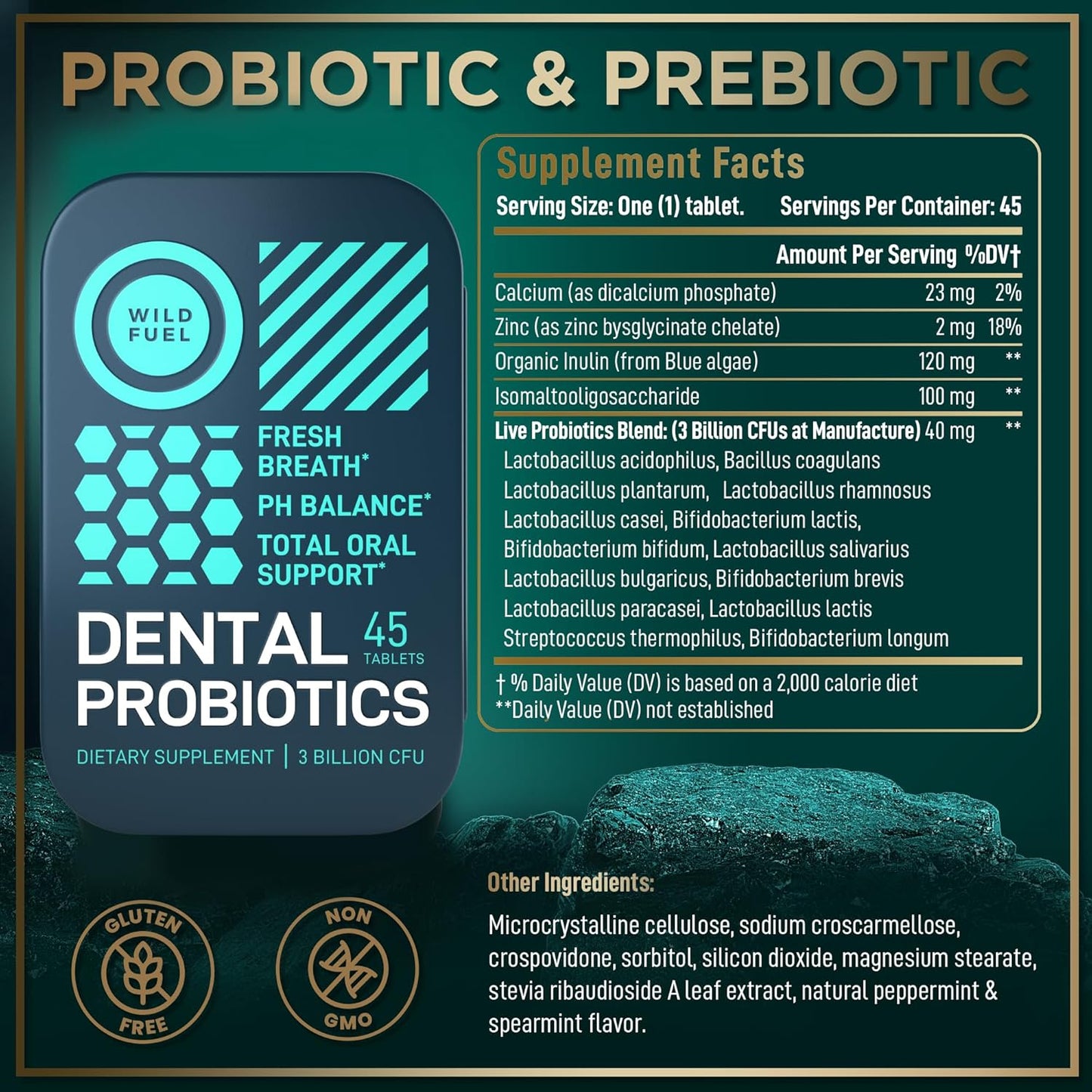 WILD FUEL Dental Probiotic for Teeth and Gums - Lactobacillus Salivarius Probiotic 3bn CFU Fights Bad Breath, Restores Healthy Bacteria - Vegetarian Oral Probiotics