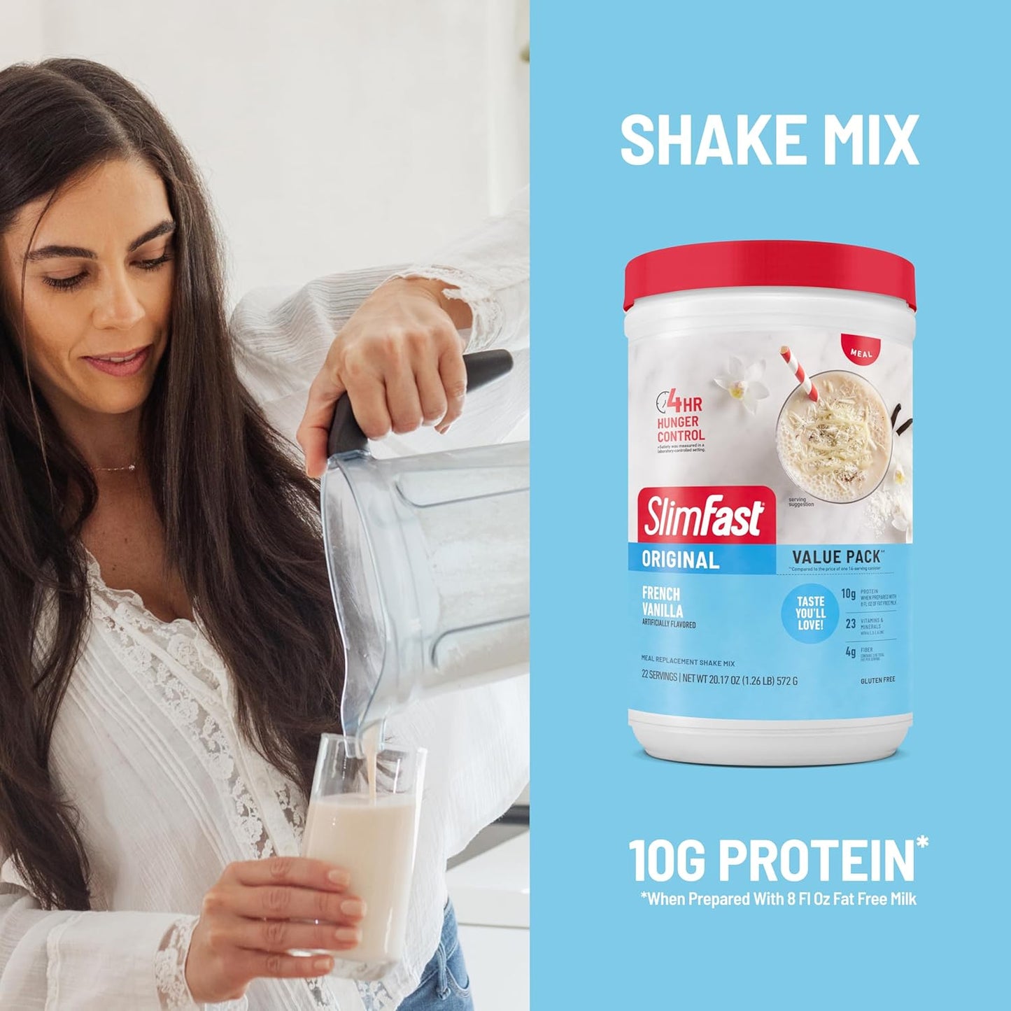 SlimFast Meal Replacement Powder, Original French Vanilla, 10g of Protein, 22 Servings, 20.2 oz