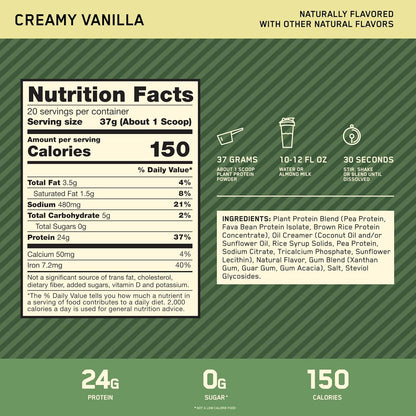 Optimum Nutrition Gold Standard 100% Plant Based Protein Powder, Gluten Free, Vegan Protein for Muscle Support and Recovery with Amino Acids - Creamy Vanilla, 20 Servings